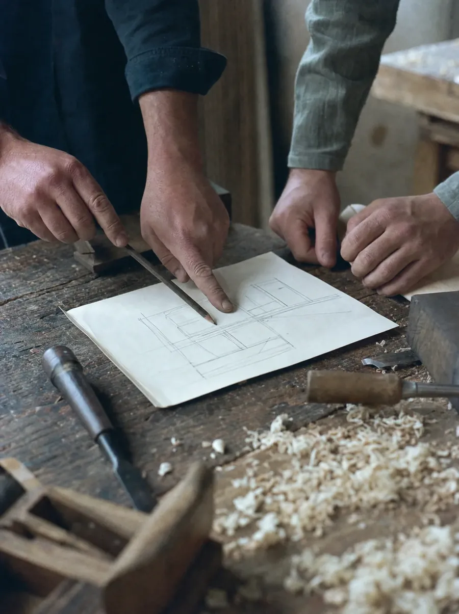 Two people over a hand-drawn plan on a workbench, one pointing at it.