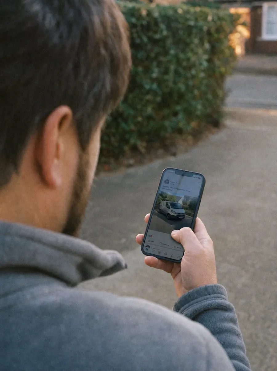 Over a man's shoulder on a driveway, a promoted post for a work van in his social feed.