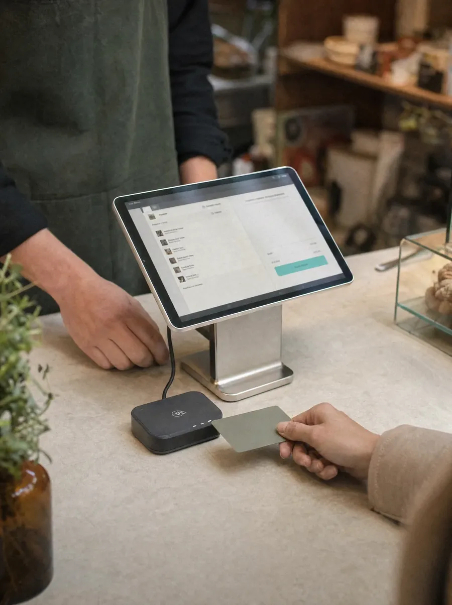 A customer tapping a card on the reader beside a modern tablet till on a shop counter.