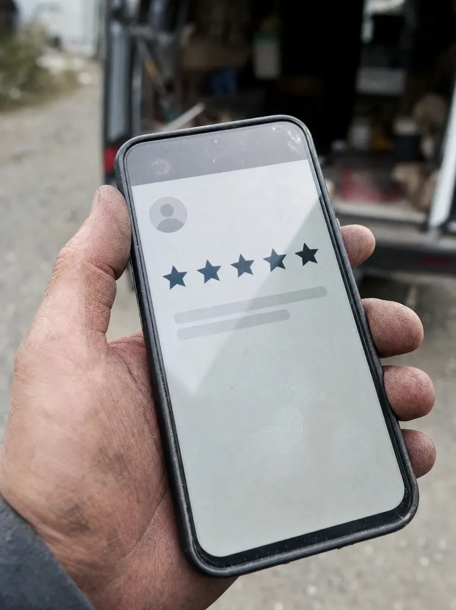 A work-dirty hand holding a scuffed phone showing a five-star customer review.