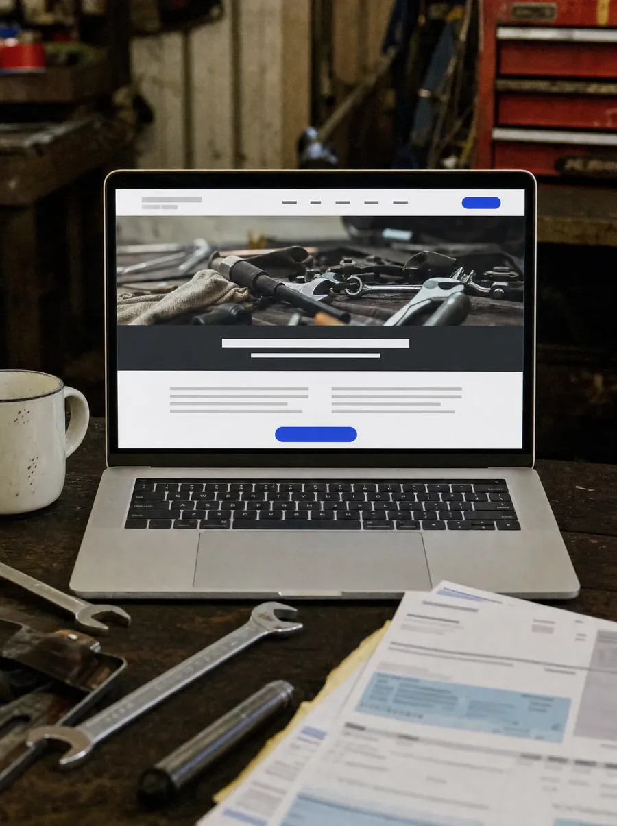 A laptop on a workshop bench showing a small-business website, invoices and spanners beside it.